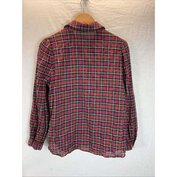 J. McLaughlin tartan holiday plaid lightweight puff sleeve button up top M - Picture 3 of 9